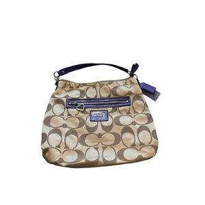 Coach Poppy Signature Monogram Hobo Shoulder Bag Khaki Purple Leather Trim
